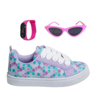 Imagem de Tênis Infantil Feminino Casual Colegial CM Estrela Sereia Meninas Leve