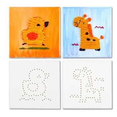 Imagem de Kit de pintura e costura de tela esticada DIY – Inclui 2 telas pré-impressas de 20 x 20 cm para pintura com kits de rosqueamento, tintas acrílicas e pincéis