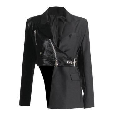 Imagem de Blazer Feminino de Couro Liso com Gola Entalhada, Manga Comprida e Zíp