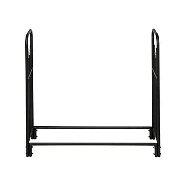 Imagem de pcagfaajmh Suporte de lenha de ferro para lareira suporte de lenha prateleira de armazenamento padrão de areia preta camada única 111 cm de altura com rack de lenha estilo flecha interior/externo