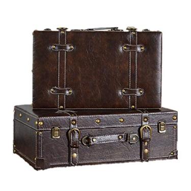 Imagem de Conjunto durável de 2 baús de armazenamento estilo vintage baú azul-marinho baús de armazenamento de mala retrô europeus baús para quarto sala de estar projeto de artesanato (cor: marrom Tamanho