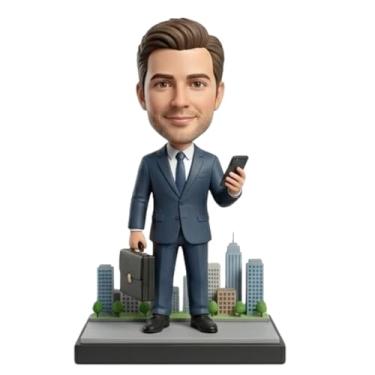 Imagem de Bobblehead personalizado de homem de negócios personalizado da foto - Estátua de mesa executiva feita à mão com pasta, aposentadoria corporativa e presente promocional para profissionais