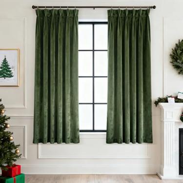 Imagem de Cortinas blecaute de veludo plissadas verde-oliva 160 cm de comprimento, conjunto de 2 painéis, isolamento térmico, pregas triplas, cortinas de veludo, escurecimento de quarto, grosso, luxuoso