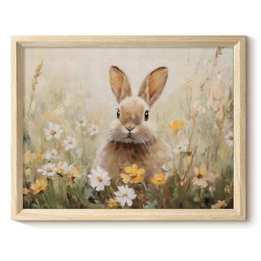 Imagem de VIYYIEA Arte de parede emoldurada de texturas de madeira de Páscoa engraçadas, impressões em tela de coelho fofo em flores silvestres, impressão de arte floral de primavera para quarto de crianças