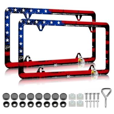 Imagem de Molduras de placa de licença de águia da bandeira americana - Pacote com 2 capas de suporte de placa de licença de metal patriótico, à prova d'água, à prova de ferrugem, molduras decorativas de carro