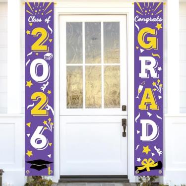 Imagem de Faixa de graduação alpendre placa de classe parabéns bandeiras penduradas ensino médio faculdade universidade festa decoração para porta da frente ao ar livre ouro roxo