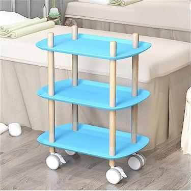 Imagem de Carrinho de salão azul – Prateleira de armazenamento com 3 camadas, moldura de madeira de faia, cantos arredondados, bordas elevadas, rodas silenciosas, organizador de ferramentas, ideal para salões e