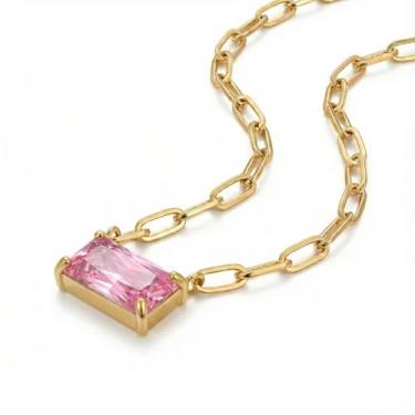 Imagem de DEPHINI Colar feminino banhado a ouro 18 k com clipe de papel – corrente de elos de aço inoxidável com pingente de zircônia cúbica – hipoalergênico, impermeável e ajustável para ela, Small, Metal