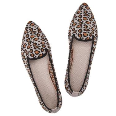 Imagem de Frank Mully Mocassim feminino casual sem cadarço, confortável, de malha, clássico, bico fino, para trabalho, viagens, Bege leopardo 6035, 38