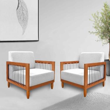 Imagem de Kit 2 Poltronas Sala de Estar Pés Madeira Maciça Corda Náutica Preta 75cm Manila Linho Cinza Rústico G63 - Gran Belo