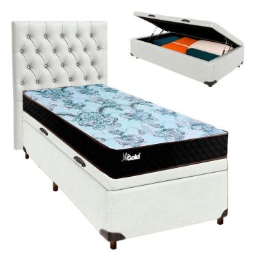 Imagem de Conjunto Cama Box Bau Branco Solteiro + Colchão Molas Ensacadas Life Gold Paropas + Cabeceira