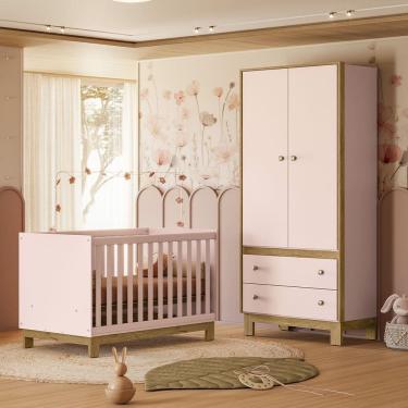 Imagem de Quarto de Bebê com Berço Mini Cama Slim e Guarda Roupa Flora Rosa Qmovi