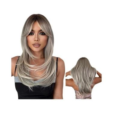 Imagem de Peruca Sintética Longa Lisa Com Mechas Loiro Platina E Franja Para Mul