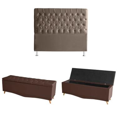 Imagem de Kit Estrela Cabeceira De Cama Box E Calçadeira Baú Pés Palito Botão Cristal Casal 140 Cm Suede Rosê Do Lar Móveis
