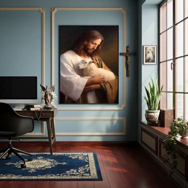 Imagem de Quadro Decorativo Jesus Segurando A Ovelha  - 70x50cm