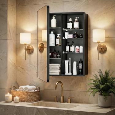 Imagem de Armários de remédios embutidos para banheiro com espelho: baú espelhado de 61 x 81 cm de montagem na parede - Armário grande de armazenamento de 61 x 81 cm com prateleiras ajustáveis - Moldura preta