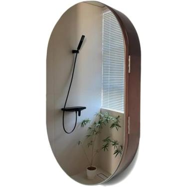 Imagem de Gabinete de espelho de madeira oval para banheiro - espelho de vaidade branca com prateleira, nogueira, 80x50x14cm