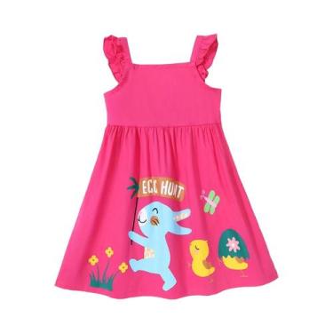 Imagem de Vestido De Verão Rosa De Algodão Para Meninas Com Gola Redonda E Manga