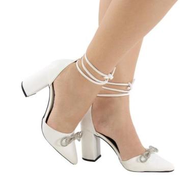 Imagem de Scarpin Feminino Salto Bloco Verniz Laço Strass Elegante Amarração Lux