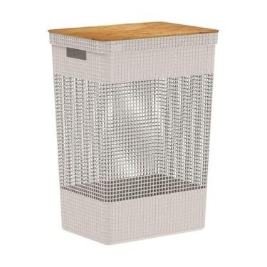 Imagem de Cesto de roupas Ou 49L com tampa de bambu Linha Grid, Bege