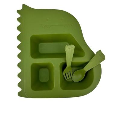 Imagem de Prato Divisória Talheres Refeição Bebê Dino Verde Ecológico - Lyor