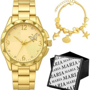 Imagem de Relogio Feminino Dourado Prova Dagua Aco + Pulseira presente social re