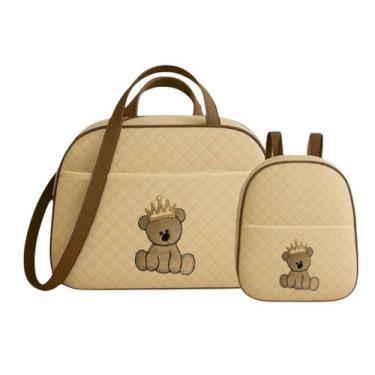 Imagem de Kit Bolsa E Mochila para Bebê Saida Maternidade Urso Bordada Bege - No