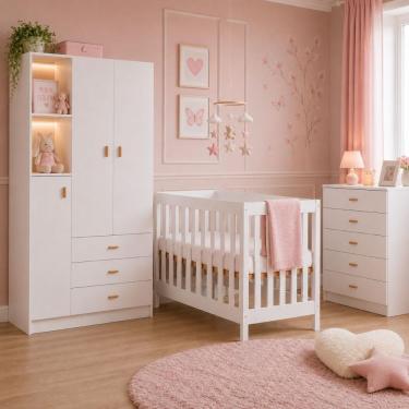 Imagem de Quarto Infantil BBI-56 BB120 BB-322 3 Portas 5 Gavetas MDP 120CM Branco Ditália Móveis com Berço Cômoda Guarda Roupa