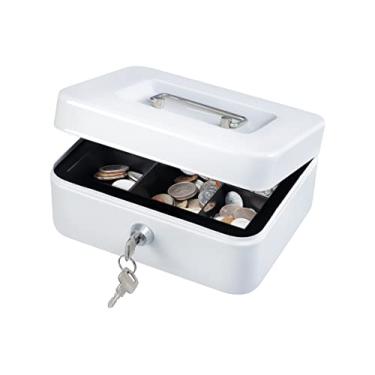 Imagem de Caixa média de dinheiro com bandeja para dinheiro, caixa de bloqueio de segurança com chave, gaveta de dinheiro, 20 x 16 x 9 cm, branca média