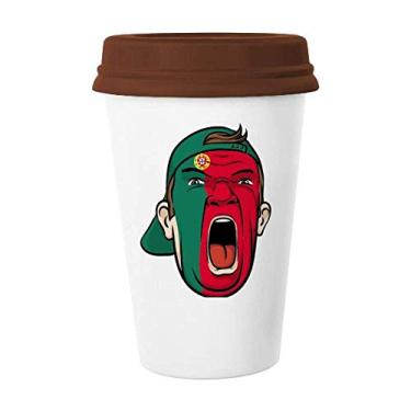 Imagem de Bandeira de Portugal cabeça de maquiagem facial gritando caneca copo de cerâmica vidro bebendo café tampa