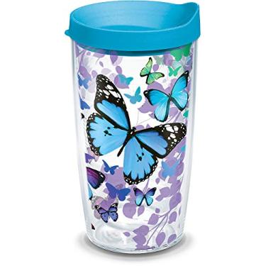 Imagem de Tervis Copo de viagem Blue Endless Butterfly feito nos EUA com isolamento duplo mantém as bebidas frias e quentes, 473 ml, clássico
