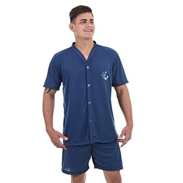 Imagem de Pijama 4 Estações Masculino Botão Curto Verão Básico Conforto (G, Azul Marinho)