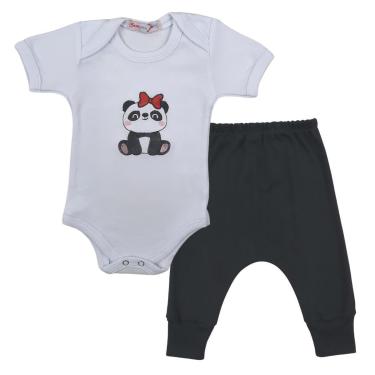 Imagem de Conjunto Body Manga Curta Bordado Panda Vermelho e Calça Suedine Mijão Culote - Roupa Bebê Menina-Masculino