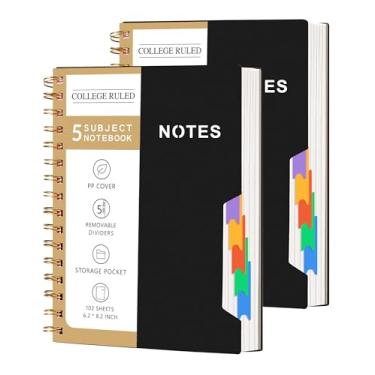 Imagem de CAGIE Pacote com 2 cadernos com 5 matérias pautadas na faculdade para anotações escolares de trabalho com divisórias removíveis e bolso de capa dura forrado em espiral, material escolar, 15 x 20 cm,