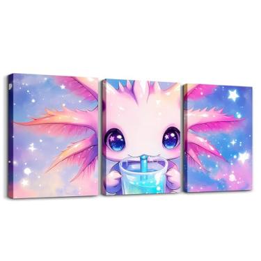 Imagem de Erosebridal Arte de parede em tela Axolotl infantil Kawaii Salamandra decoração de parede oceano animal vida marinha pôsteres para quarto sala de estar banheiro galáxia céu estrelado pintura 30,5 cm x