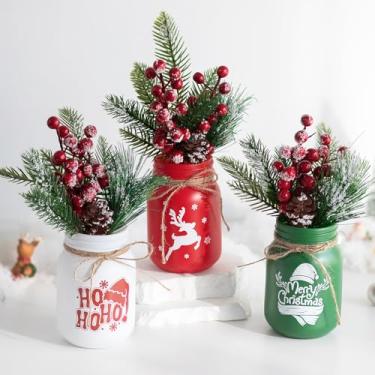 Imagem de Glasseam Vasos decorativos de Natal para centros de mesa, 3 peças de potes de vidro impressos com flores artificiais, conjunto de vasos de flores para decoração de casa, sala de estar, banheiro