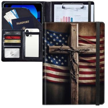 Imagem de JANENFNA Pasta de couro com cruz de madeira com bandeira americana, pasta de currículo com elástico, organizador de documentos jurídicos para conferências/jurídicos com prancheta tamanho A4 com 4