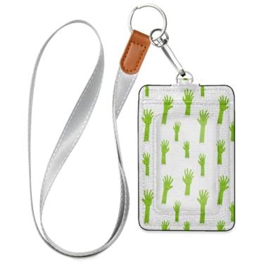 Imagem de Wassud Porta-crachá de couro PU Green Zombie Hands com cordão, porta-cartão de identificação para trabalho, cordão de pescoço com compartimentos para cartões de crédito, funcionários, estudantes, 39,9