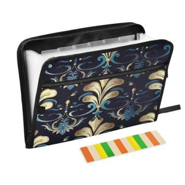 Imagem de Wassud Pasta organizadora de arquivos sanfonada com 13 bolsos padrão ouro azul com abas e adesivos, organizador de pastas de documentos de recibo de papel tamanho carta A4 para viagens de escritório
