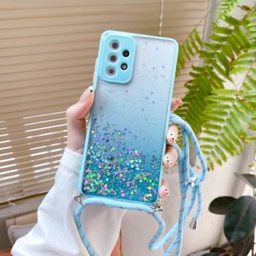 Imagem de Pendure a capa de cordão com alça de pescoço para Samsung Galaxy A02S A52 A12 A21S A32 A72 A51 A50 S22 FE S21 Ultra S 20 Plus Capa transparente com glitter, azul, para A32 (5G)