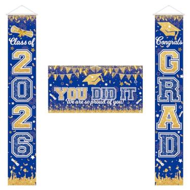 Imagem de Banner de porta de formatura conjunto de 3 peças azul decorações de porta de formatura 2026 sinal de parabéns graduado festa de formatura varanda quintal decoração interna ao ar livre classe de 2026