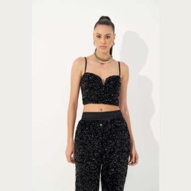 Imagem de Top Cropped Colcci Paetê Preto Feminino, Preto, G