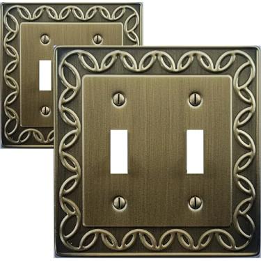 Imagem de OKAWYC Tampa de interruptor de luz dupla NovaBloom placa de parede de metal, 2 unidades, latão antigo, 2 gangues, capa decorativa para interruptor de luz, durável