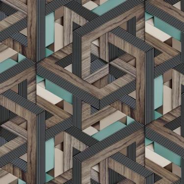 Imagem de Papel De Parede Adesivo Geométrico 3D Azul Madeira Sala Quarto   12m -