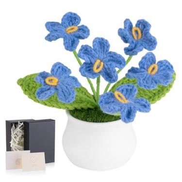 Imagem de LAIDANLA Flores azuis de crochê Forget Me Not, mini vasos de plantas feitas à mão para decoração de carro, aniversário, formatura, Natal, presente de aniversário para mulheres, amigas, professoras