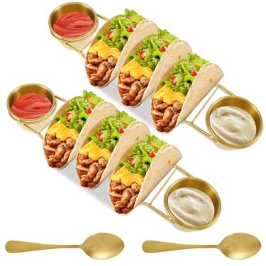 Imagem de DJAPWPX 8 peças de suporte de taco com colher copo de salada aço inoxidável conjunto de rack à prova de ferrugem Burritos Tortilla suporte de resfriamento para cozinha restaurante (dourado)