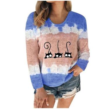 Imagem de Camiseta feminina com estampa de gato tie-dye patchwork gola redonda c