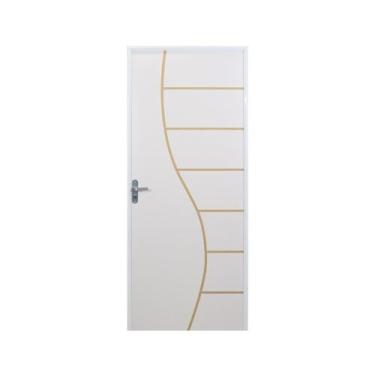 Imagem de Kit Porta de Madeira Decorada 215x65cm com Batente de Aço 06cm Cantareira Mgm Branco