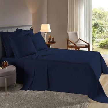 Imagem de Lençol Queen 3 peças Fronhas c/Abas Percal Flex 400 Fios Toque Macio - 40 CM DE ALTURA (Azul Marinho)