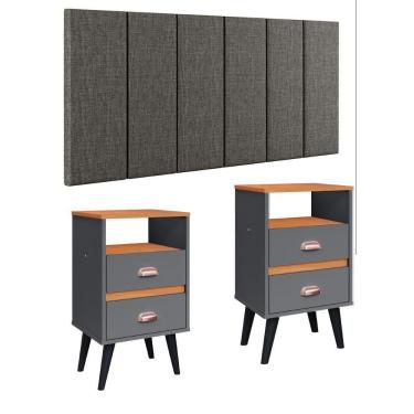 Imagem de Cabeceira Estofada Modular Box Casal 1,40 Julia Cinza Jogo 2 Mesinha Pequena Gaveta Nicho Canto Cama Cinza/Cinamomo Classic New-RPM